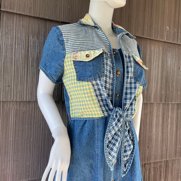 🔥VTG Nina Piccalino Denim Dress Fit & Flare Button Down Patchwork Boho Cottage - Picture 4 of 14